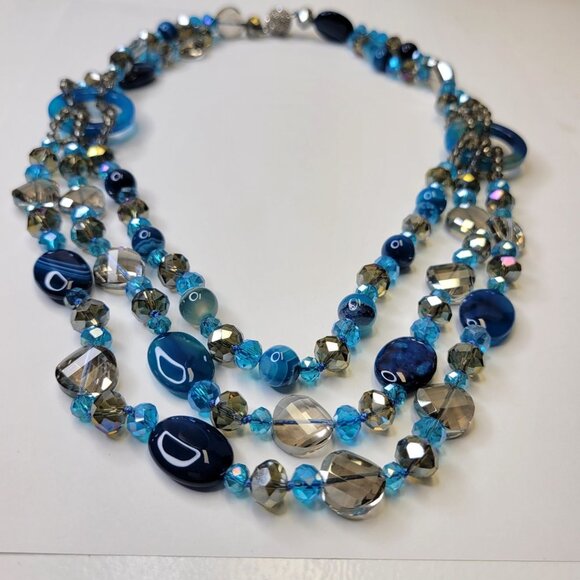 Blue Beaded Necklace MultiStrand Blue and Grey Beaded Necklace - Picture 2 of 13